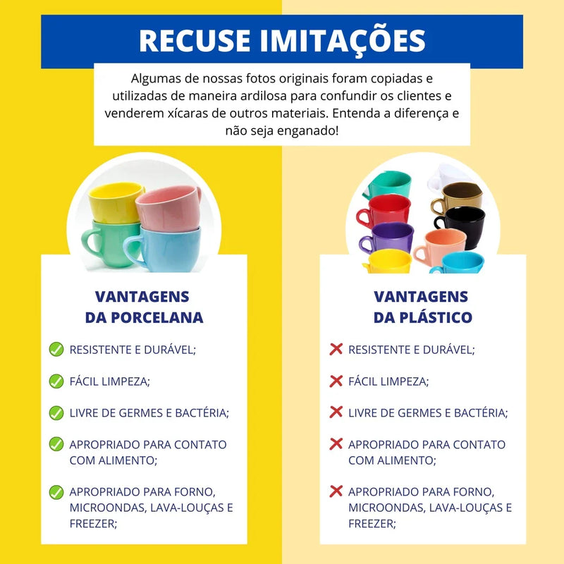 Jogo 6 Xícaras Coloridas de Porcelana com Pires de Madeira