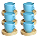 Jogo 6 Xícaras Coloridas de Porcelana com Pires de Madeira