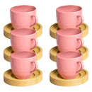 Jogo de 6 Xícaras Coloridas de Porcelana com Pires de Madeira