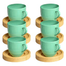 Jogo de 6 Xícaras Coloridas de Porcelana com Pires de Madeira