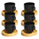 Jogo 6 Xícaras Coloridas de Porcelana com Pires de Madeira