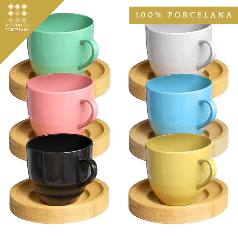 Jogo 6 Xícaras Coloridas de Porcelana com Pires de Madeira