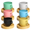 Jogo 6 Xícaras Coloridas de Porcelana com Pires de Madeira