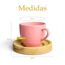 Jogo de 6 Xícaras Coloridas de Porcelana com Pires de Madeira