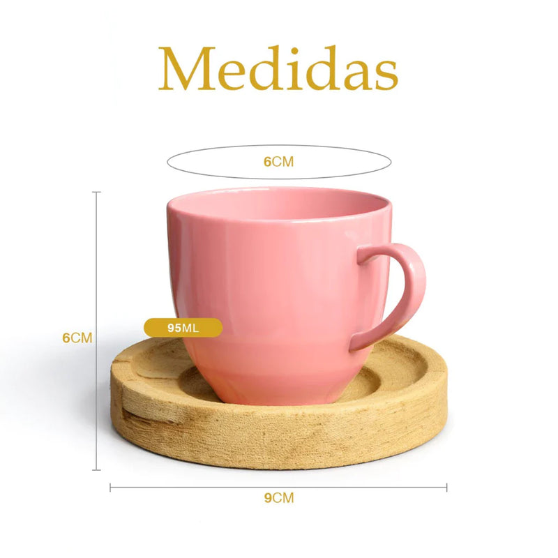 Jogo 6 Xícaras Coloridas de Porcelana com Pires de Madeira