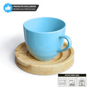 Jogo 6 Xícaras Coloridas de Porcelana com Pires de Madeira