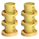 Jogo de 6 Xícaras Coloridas de Porcelana com Pires de Madeira